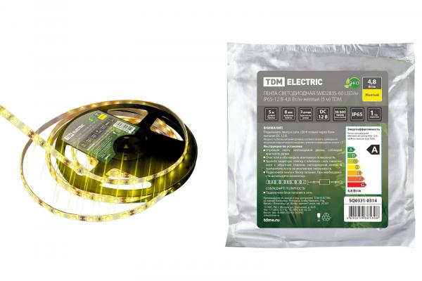 TDM Лента  IP65  12V 4.8Вт/м жёлтая (5 м)  SMD2835-60 LED/м